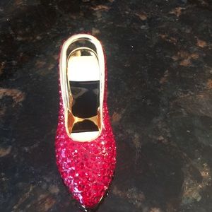 Red Rhinestone High Heeled Goldtone Metal Shoe